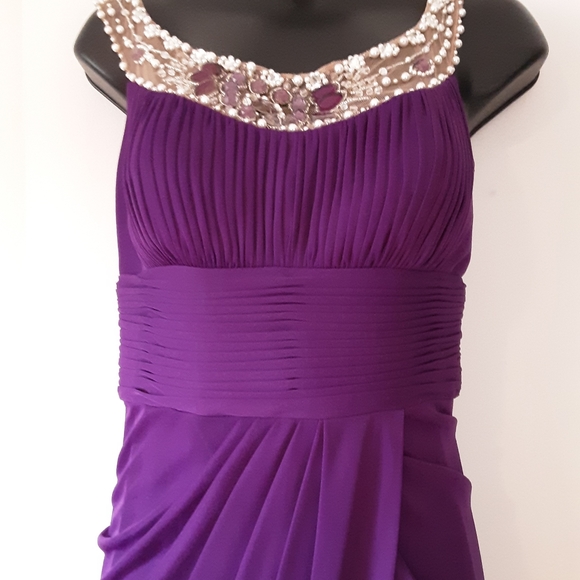 Long Purple Gown with Jeweled Mesh Neckline - Picture 8 of 9